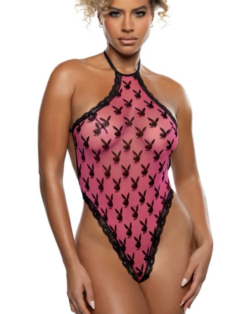 New Sheer Pink Lace-Trim Playboy Bunny Halter Teddy